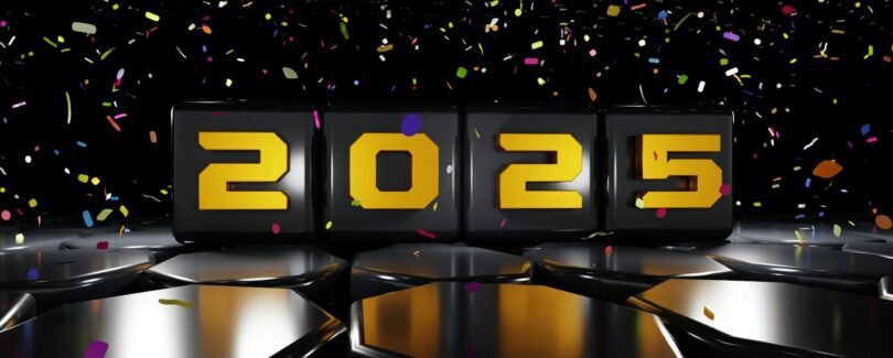 A black table topped with black plates covered in confetti